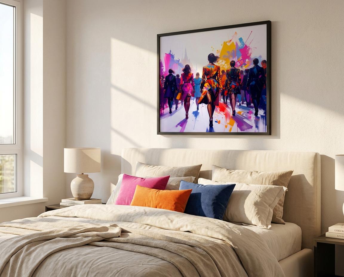 Modern Canvas Print: Vibrant Cityscape Art, Abstract Crowd Painting, Colorful Street Scene