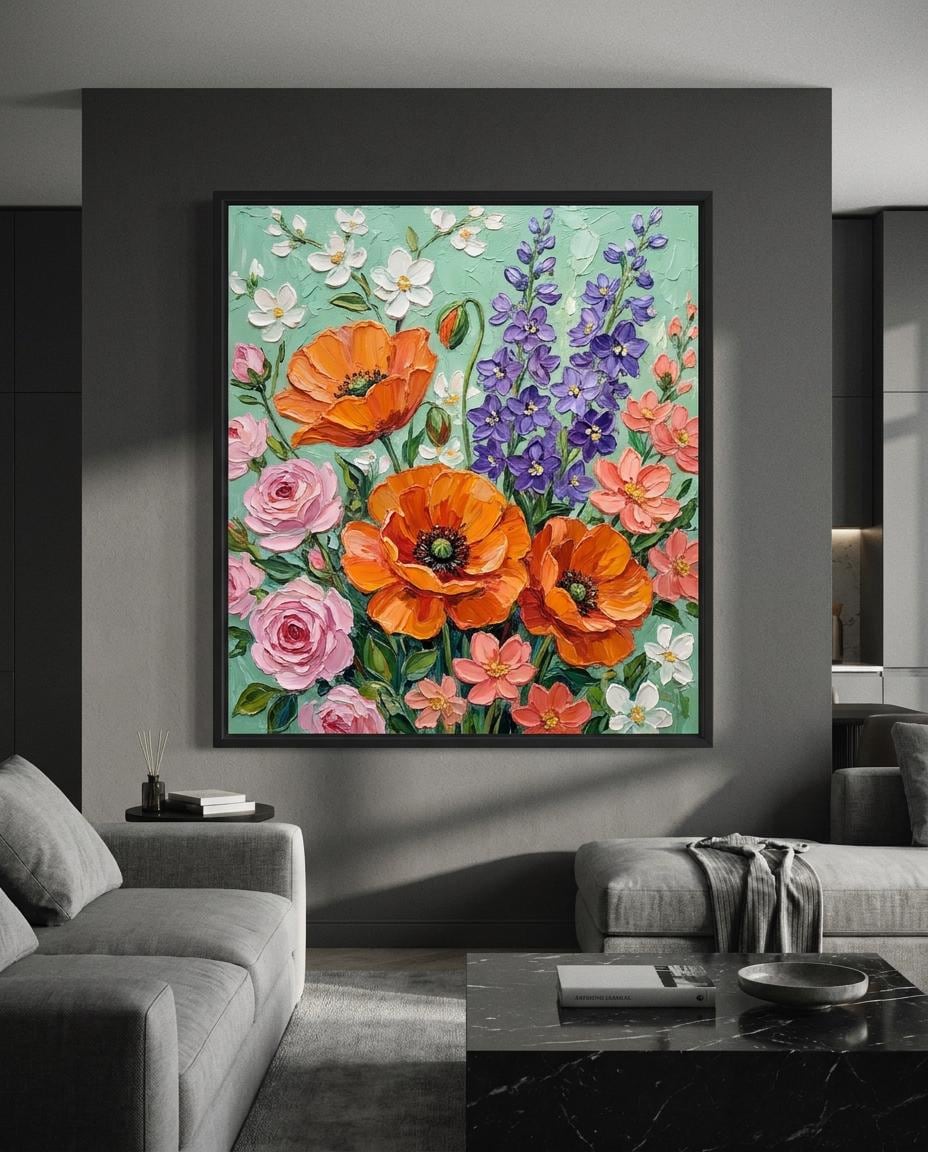 Colorful Textured Flower Painting: Poppy Rose Impasto Art Mint Green Wall Decor