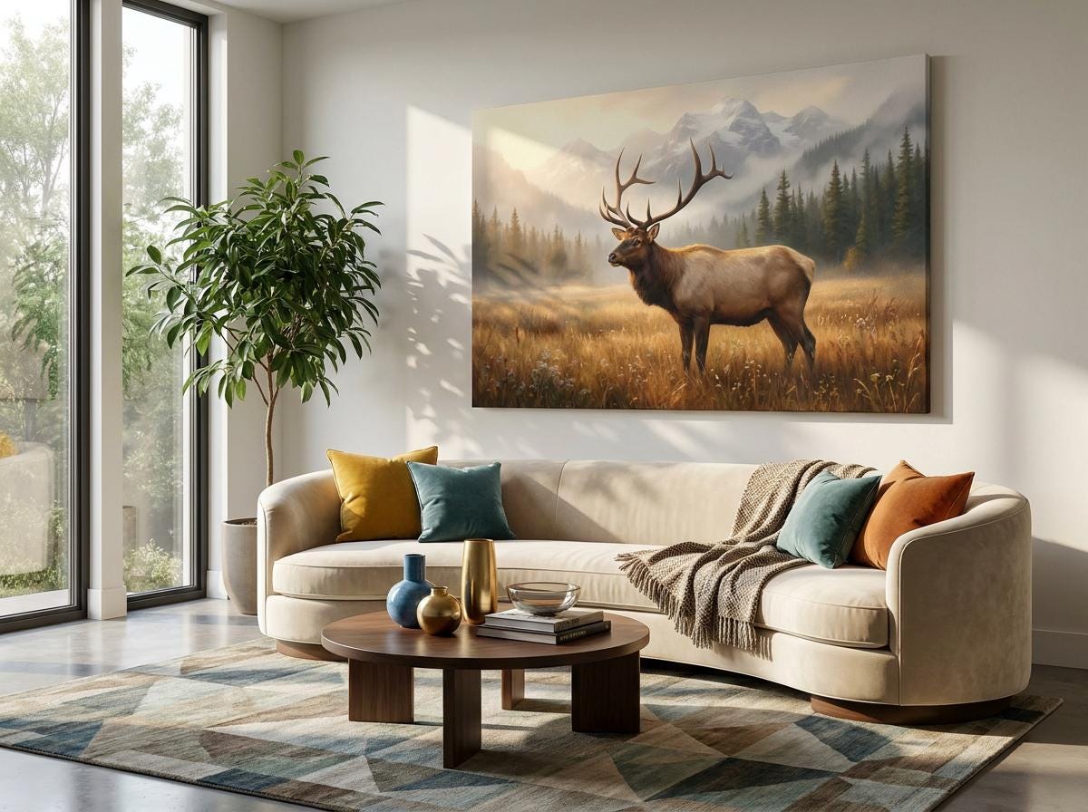 Elk Art Print: Majestic Rocky Mountain Wildlife, Forest Meadow Golden Hour Landscape
