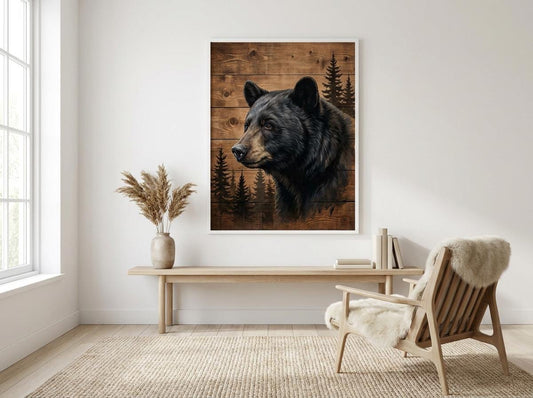 Black Bear Wildlife Artwork Rustic Wood Pine Forest Animal Wall Design