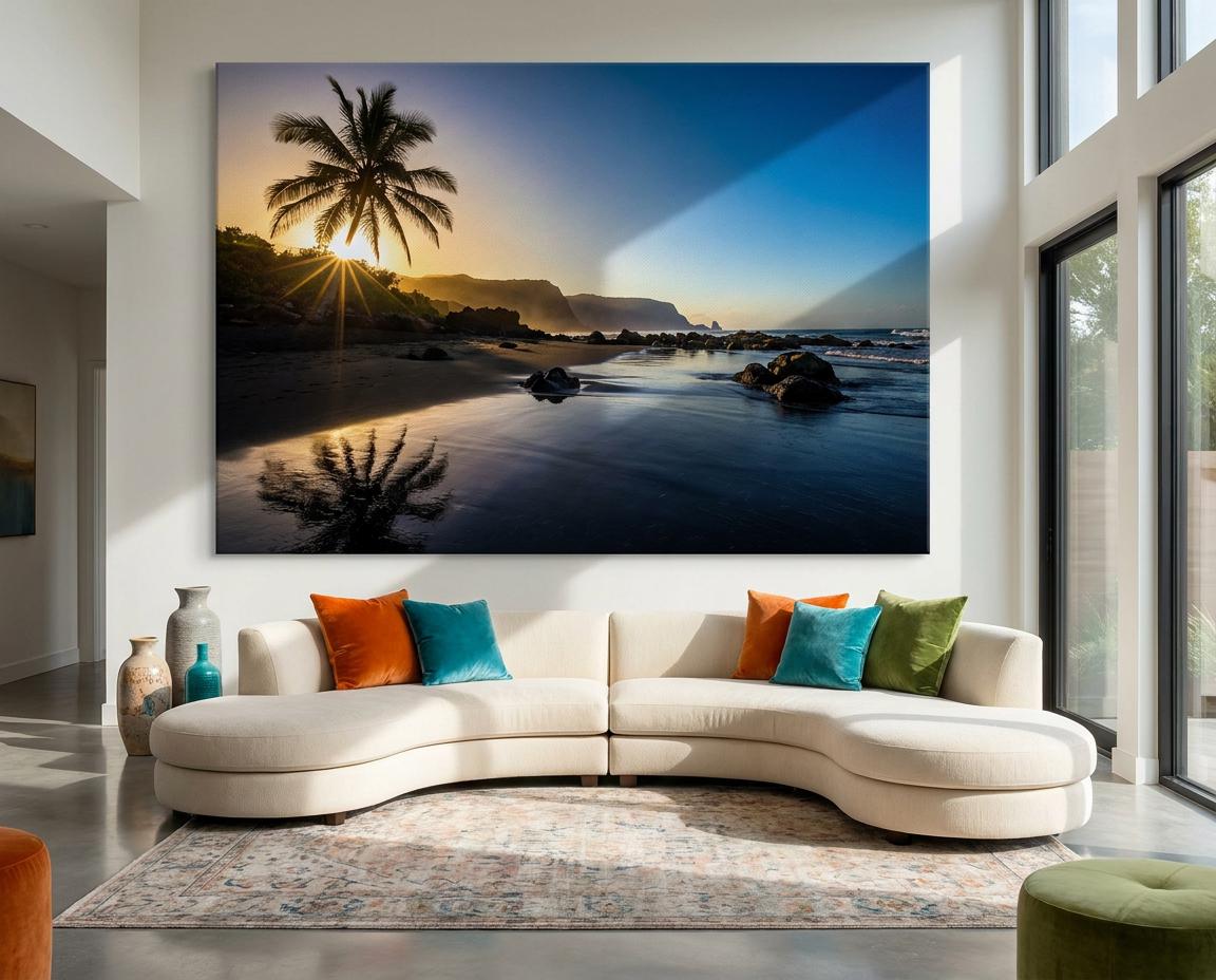 Tropical Beach Sunset Photography Canvas Print: Vibrant Ocean Palm Tree Seascape Wall Art