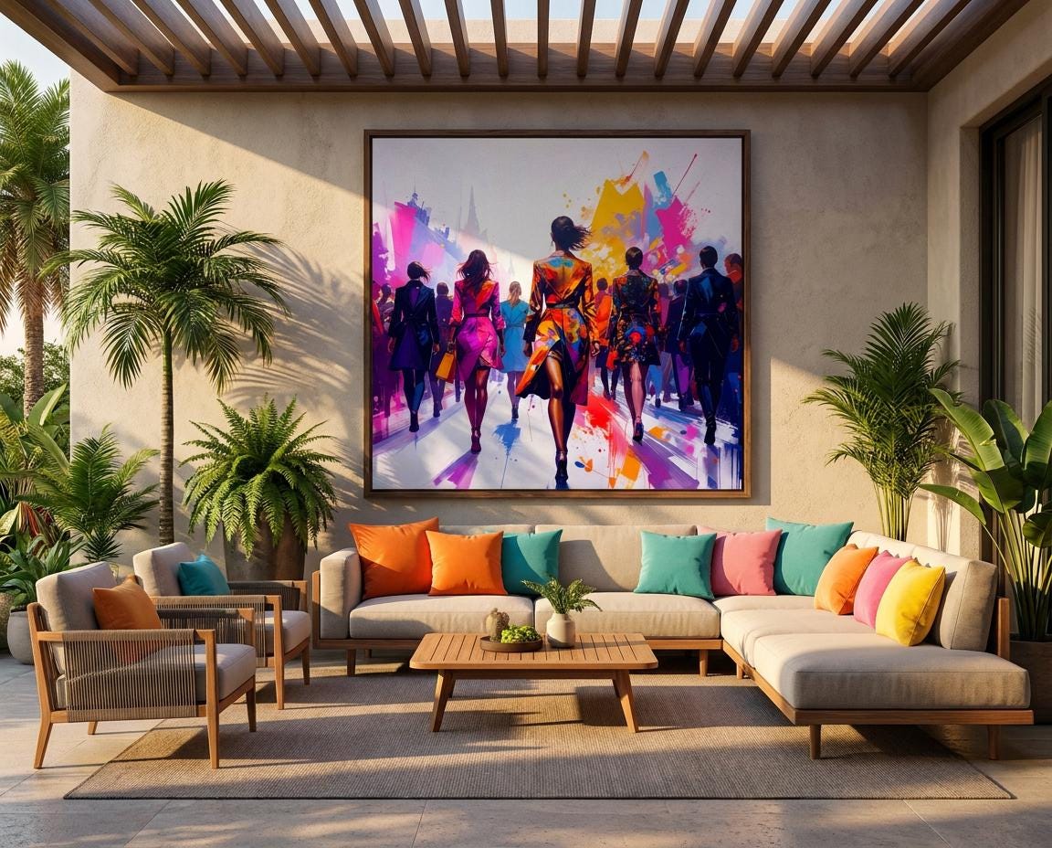 Modern Canvas Print: Vibrant Cityscape Art, Abstract Crowd Painting, Colorful Street Scene