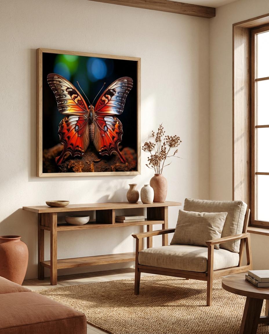 Vibrant Butterfly Wall Art: Detailed Red Orange Blue Insect Nature Home Decor Print