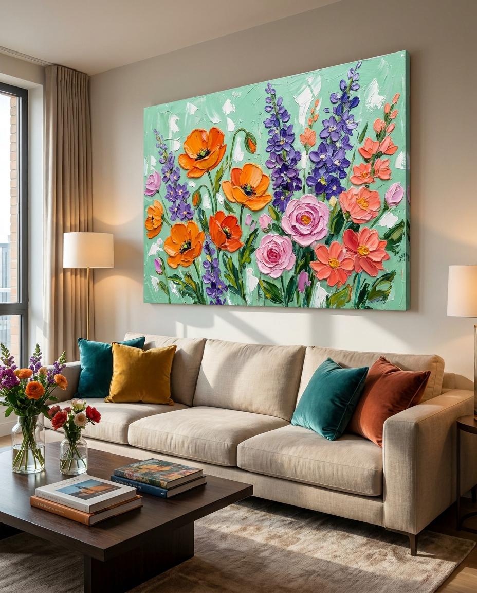 Colorful Textured Flower Painting: Poppy Rose Impasto Art Mint Green Wall Decor