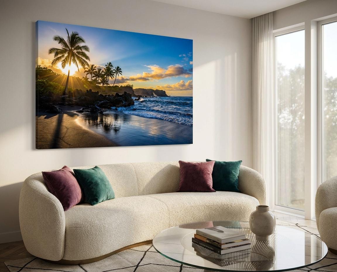 Tropical Beach Sunset Photography Canvas Print: Vibrant Ocean Palm Tree Seascape Wall Art